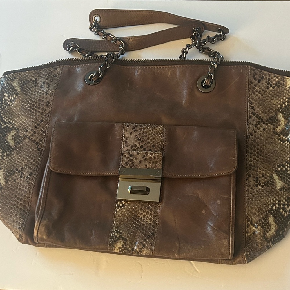 Badgley Mischka Brown Leather & Snakeskin Tote – Designer Shoulder Bag